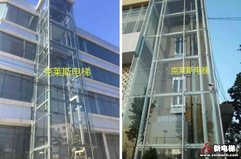 左为石家庄装饰城观光电梯,右为保定白沟加装电梯