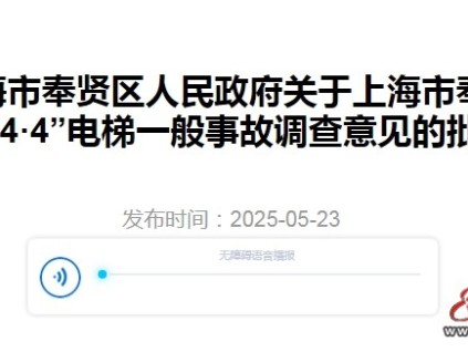 上海市奉贤区人民政府关于奉贤区"4·4"电梯一般事故调查意见的批复