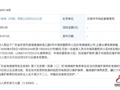 蒂升电梯深圳分公司仅一人对2台电梯完成维护保养 被罚款3万元