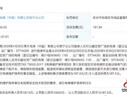 蒂升电梯南宁分公司未按技术规范进行电梯维保 罚款1万元