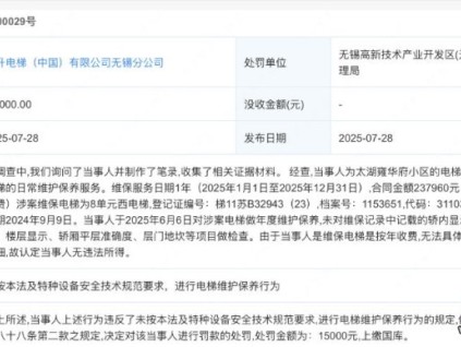 蒂升电梯无锡分公司未对维保记录中记载的项目做检查 被罚1.5万元