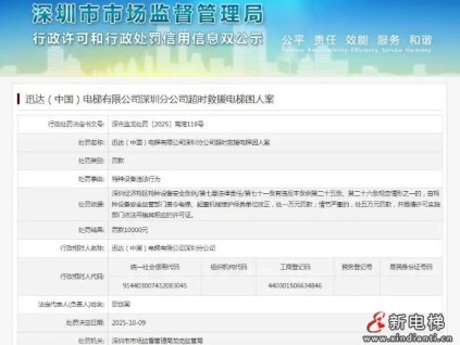 迅达电梯深圳分公司因超时救援电梯困人被罚1万元