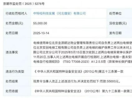 北京朝阳区市场监管局对中特检科技罚款5.5万元 北京朝阳区市场监管局对中特检科技罚款5.5万元