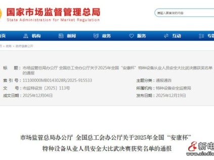 总局：‌2025年全国“安康杯”特种设备从业人员安全大比武决赛获奖名单‌已经公布