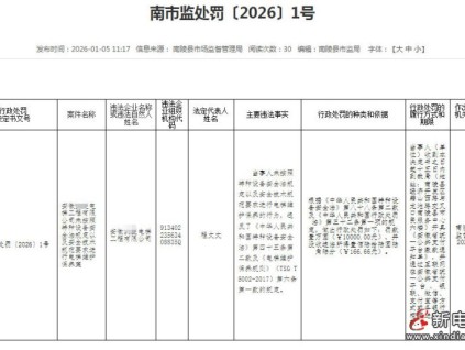 安徽芜湖南陵县市监局对某电梯公司维保违规罚款1万元