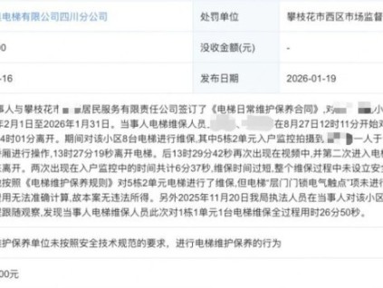 杭州一电梯公司因维保"走过场" 被攀枝花西区市监局罚1万
