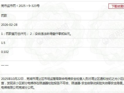通力电梯芜湖分公司因维保不合规被罚款1.5万元