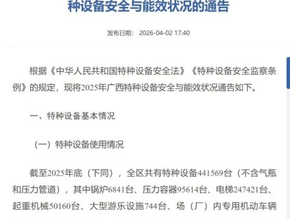 广西壮族自治区发布2025年广西特种设备安全状况通告 在用电梯247421台