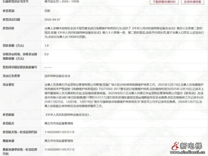 日立电梯湖北分公司因电梯维保违规 被黄石市监局罚款1万元