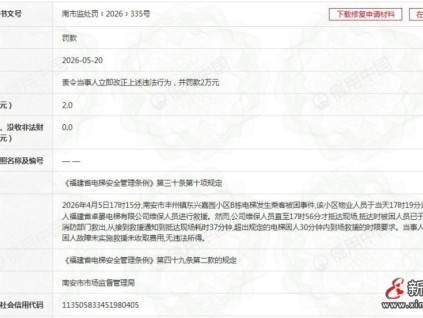 维保超时7分钟未到场救援 福建南安一电梯公司被罚2万元