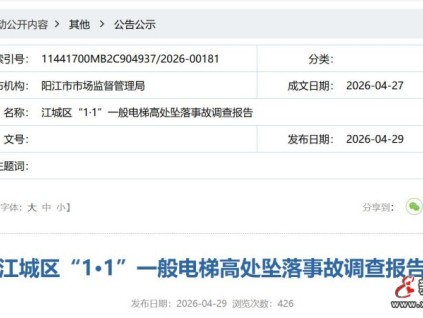 广东阳江发布江城区 “1・1”电梯高处坠落事故调查报告