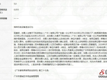 单人维保、不设围蔽，广州增城一电梯维保企业被罚没60550元