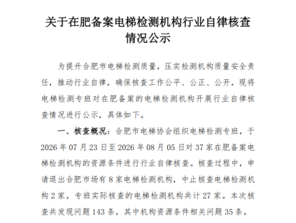 合肥市电梯行业协会发布：关于在肥备案电梯检测机构行业自律核查情况公示