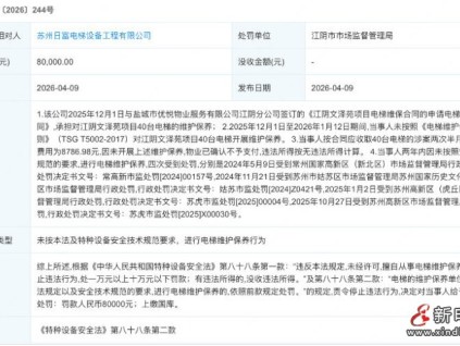 两年四次同类违法 苏州某电梯维保公司被江阴市监局罚款8万元
