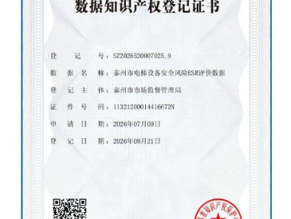 江苏首张电梯安全数据知识产权证书在泰州发出