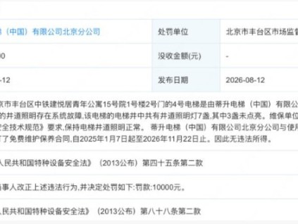 蒂升电梯北京分公司因电梯井道照明3盏未亮被罚款1万元