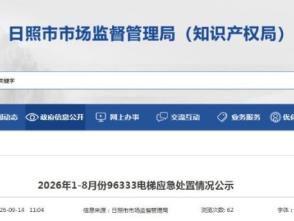 山东日照公示2026年1-8月96333电梯应急处置情况