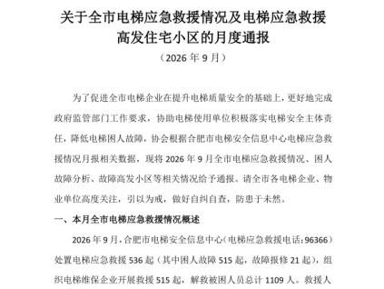 合肥市电梯应急救援情况及电梯应急救援高发住宅小区的月度通报